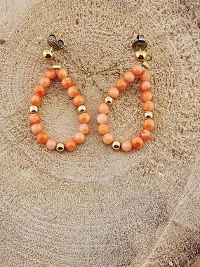 Gold Accent Coral Beaded Teardrop Earrings - Women Jewelry E090326-2